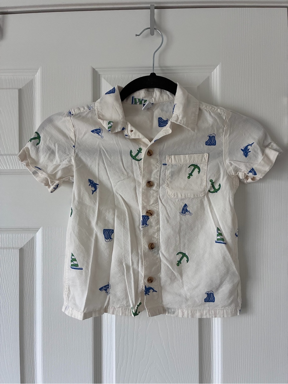 Old Navy Cream Short-Sleeve Button-Down with Blue & Green Nautical Motifs